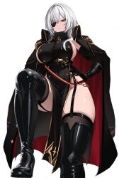 1girl absurdres azur_lane black_coat black_dress black_gloves black_thighhighs boots breasts closed_mouth coat coat_on_shoulders covered_navel dress elbow_gloves eyepatch fritz_rumey_(azur_lane) garter_straps gloves hand_on_own_hip highres large_breasts long_hair looking_at_viewer military_uniform myb52 one_eye_covered pelvic_curtain red_eyes sideboob simple_background solo taut_clothes thigh_boots thighhighs thighs white_background white_hair