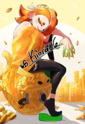 1girl black_pants black_socks chest_sarashi coin commentary earrings full_body hachimaki headband highres jewelry kiora06 long_hair multiple_earrings nejiri_hachimaki nintendo octoling okobo orange_hair orange_shawl pants platform_sandals rainmaker_(splatoon) red_eyes sandals sarashi shawl shiver_(splatoon) sitting socks solo sparkle splatoon_(series) splatoon_3 tabi tentacle_hair tooth_earrings