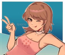 1girl absurdres armpit_crease armpit_peek artist_name bare_arms bare_shoulders blush border breasts brown_eyes brown_hair camisole choker cleavage closed_mouth collarbone commentary earrings english_commentary flipped_hair hand_up heart heart_choker highres jewelry looking_at_viewer medium_breasts medium_hair official_alternate_costume one_eye_closed outside_border pearl_earrings persona persona_3 pink_camisole remdevv smile solo spaghetti_strap stud_earrings takeba_yukari tongue tongue_out upper_body v white_border white_choker