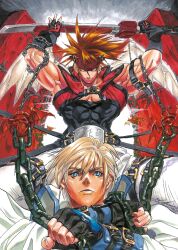 2boys abs arm_belt belt belt_buckle black_shirt blonde_hair blue_eyes brown_hair buckle chain cloak door fingerless_gloves gloves guilty_gear guilty_gear_x headband headgear holding holding_sword holding_weapon ishiwatari_daisuke jacket ky_kiske multiple_boys muscular muscular_male pants red_headband red_jacket red_vest shirt sol_badguy spiked_hair sword vest weapon white_cloak white_pants wings yellow_eyes