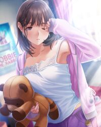 Rule 34 | 1girl, anegasaki nene, armpits, blush, breasts, brown hair, camisole, collarbone, curtains, dutch angle, frilled camisole, frills, hand up, holding, holding stuffed toy, hood, hood down, hooded jacket, indoors, jacket, light rays, long sleeves, looking at viewer, love plus, medium hair, midriff peek, mole, mole under eye, morning, official art, one eye closed, open clothes, open jacket, pants, parted lips, pink jacket, poster (object), purple eyes, purple pants, rubbing eyes, sleepy, sleeves past wrists, solo, stuffed animal, stuffed toy, sunbeam, sunlight, tanuki, unzipped, upper body, waking up, white camisole, zipper