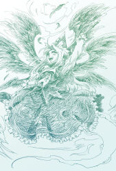 1girl angel_wings aqua_theme bow bowtie crescent crescent_pin evil_smile eyelashes feathered_wings feathers frilled_headwear frilled_skirt frilled_sleeves frills full_body fuyuzato_seia ghost_tail hand_up hat holding holding_behind_back holding_staff holding_weapon_behind_back layered_sleeves long_sleeves looking_at_viewer mima_(touhou) miniskirt monochrome multiple_wings open_mouth pleated_skirt puffy_short_sleeves puffy_sleeves seraph shirt short_over_long_sleeves short_sleeves skirt smile smoke solo staff sun_print tareme teeth touhou touhou_(pc-98) upper_teeth_only v-shaped_eyebrows wings