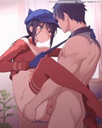 1boy 1girl animated animated_gif black_hair blue_gloves blue_hat bottomless breasts carrying clothes_grab cool_mita_(miside) crop_top from_side gloves hat hetero indoors long_hair long_sleeves looking_at_another looping_animation medium_breasts miside mita_(miside) necktie necktie_grab neckwear_grab no_shoes open_mouth penis ponytail pussy red_thighhighs sex smile thighhighs uncensored vaginal waero