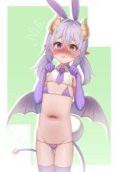 1girl @_@ absurdres animal_ears areola_slip bikini blush closed_mouth demon_girl demon_horns demon_tail demon_wings elbow_gloves embarrassed eyebrows_hidden_by_hair fake_animal_ears fake_tail flat_chest full-face_blush gloves grey_hair groin hair_between_eyes heterochromia highres horns indie_virtual_youtuber kana_imeru leotard lips loli looking_at_viewer medium_hair navel necktie playboy_bunny pointy_ears purple_bikini purple_necktie purple_thighhighs rabbit_ears rabbit_tail ryncka short_twintails solo stomach sweat swimsuit tail thighhighs twintails virtual_youtuber wings