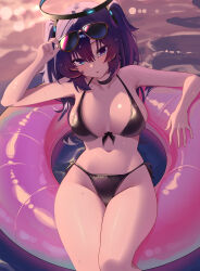 Rule 34 | 1girl, absurdres, alternate costume, bikini, black bikini, black halo, blue archive, blue eyes, blue hair, blush, breasts, cleavage, commentary, front-tie bikini top, front-tie top, hair ornament, halo, highres, large breasts, long hair, looking at viewer, mcbox, mechanical halo, navel, ocean, on innertube, open mouth, outdoors, pink innertube, side-tie bikini bottom, solo, stomach, sunglasses, swimsuit, thighs, triangle hair ornament, two side up, wet, wet hair, yuuka (blue archive)