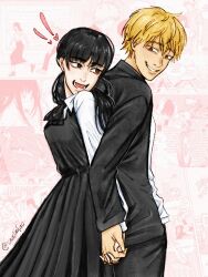 Rule 34 | !, !!, 1boy, 1girl, back-to-back, black dress, black hair, black jacket, black pants, blonde hair, brown eyes, chainsaw man, commentary, denji (chainsaw man), dress, english commentary, fourth east high school uniform, gakuran, heart, hetero, highres, holding hands, jacket, long hair, low twintails, mitaka asa, open mouth, pants, pinafore dress, school uniform, shirt, short hair, sleeveless, sleeveless dress, snailmao, twintails, white shirt