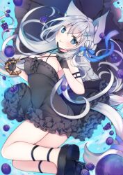 1girl :p animal_ears black_dress black_gloves blue_eyes breasts cat_ears cat_tail dress food fruit gloves grapes grey_hair hair_ornament holding holding_umbrella long_hair looking_at_viewer medium_breasts original satsuki_mayuri tail tongue tongue_out umbrella x_hair_ornament
