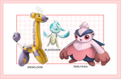 :d puff_of_air border character_name closed_eyes commentary creatures_(company) drifloon fusion game_freak gen_2_pokemon gen_3_pokemon gen_4_pokemon gen_5_pokemon girafarig glaceon hariyama igglybuff kazuko_(towa) mask nintendo no_humans open_mouth pokemon pokemon_(creature) red_eyes smile tongue u_u yamask