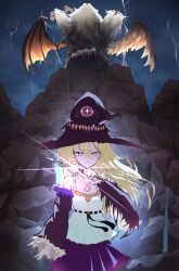 1girl black_hat black_sleeves blonde_hair chimera daria_(shingeki_no_bahamut) detached_sleeves eye_on_hat glowing hat highres holding holding_wand lightning lk_nekoa long_hair looking_at_viewer monster night night_sky pink_eyes pleated_skirt purple_skirt shadowverse shadowverse:_worlds_beyond shirt skirt sky sleeveless sleeveless_shirt wand white_shirt wide_sleeves witch witch_hat