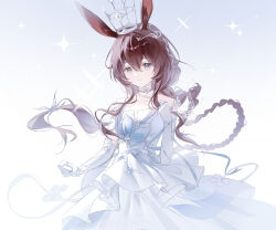 1girl absurdres alternate_costume amiya_(arknights) animal_ear_fluff arknights bare_shoulders blue_eyes brown_hair choker crown dress elbow_gloves french_braided_ponytail gloves highres long_hair looking_at_viewer rabbit_girl rabbit_tail sidelocks solo tail very_long_hair white_choker white_dress white_gloves xianyusixu