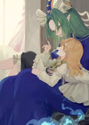2girls ahoge apron black_skirt black_vest blonde_hair blue_dress blue_hat bow bowtie braid dress frilled_apron frilled_skirt frills green_bow green_bowtie green_hair hair_bow hat highres kirisame_marisa kuma_xylocopa long_dress long_hair looking_at_another mima_(touhou) multiple_girls open_mouth parted_bangs pointy_ears shirt side_braid single_braid sitting sitting_on_lap sitting_on_person skirt smile touhou touhou_(pc-98) vest waist_apron white_apron white_shirt yellow_eyes