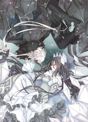 1boy 1girl agito_su black_cape black_eyes black_gloves black_hair black_pants buttons cape closed_eyes double-breasted dress etihw frilled_dress frills funamusea fur_collar fur_trim gloves haiiro_teien hair_ornament horns kcalb long_hair long_sleeves military military_uniform pants ponytail profile torn_cape torn_clothes very_long_hair white_cape white_dress white_hair wide_sleeves