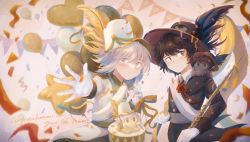 2others absurdres androgynous anniversary balloon black_eyes black_hair enraku_tsubakura grey_eyes grey_hair hat hat_feather heart_balloon highres hotaru_kago houlen_yabusame large_hat len&#039;en multiple_others red_ribbon ribbon sash short_hair star_balloon white_sash yellow_ribbon