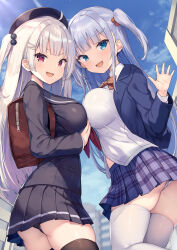 Rule 34 | 2girls, absurdres, ahoge, backpack, bag, beret, black hat, black panties, black sailor collar, black serafuku, black shirt, black skirt, black thighhighs, blazer, blue eyes, blue hair, blue jacket, blue skirt, blue sky, blunt ends, bow, bowtie, breasts, brown bag, brown bow, brown bowtie, cowboy shot, day, from side, grey hair, hair ornament, hairclip, hand on own chest, hat, highres, jacket, large breasts, long hair, long sleeves, looking at viewer, looking to the side, miniskirt, multiple girls, neckerchief, ochinsama, one side up, open clothes, open jacket, open mouth, original, outdoors, panties, pantyshot, plaid clothes, plaid skirt, pleated skirt, red eyes, red neckerchief, sailor collar, school uniform, serafuku, shirt, skirt, sky, smile, sphere hair ornament, standing, straight hair, thighhighs, turning head, underwear, very long hair, white panties, white shirt, white thighhighs, zettai ryouiki