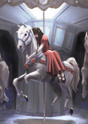 1girl 2025 absurdres armald0 artist_name carousel closed_eyes commentary dated dress english_commentary flower highres original red_dress red_flower red_rose riding rose saddle white_horse