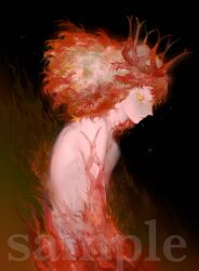1boy anyloool black_background burn_scar burning chinese_commentary closed_mouth colored_sclera commentary_request cowboy_shot crown embers expressionless eyelashes floating_hair from_side grey_sclera highres looking_at_viewer male_focus medium_hair original pointy_nose red_crown red_hair sample_watermark scar scar_on_arm simple_background slit_pupils solo standing topless_male watermark yellow_eyes