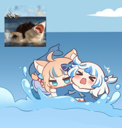 &gt;_&lt; 2girls :3 ^^^ ahoge animal_ear_fluff animal_ears biting blue_eyes blue_hair blue_hoodie blue_sky blush brown_hair cat_ears chibi chibi_only closed_eyes cloud commentary day english_commentary fins fish_girl fish_tail gawr_gura gawr_gura_(1st_costume) hair_ornament hololive hololive_english hood hoodie horizon indie_virtual_youtuber multicolored_hair multiple_girls nikoo ocean open_mouth outdoors partially_submerged reference_inset sameko_saba sky streaked_hair tail two_side_up virtual_youtuber water white_hair