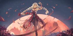 1girl agito_(agitoishere) arm_up bandage_over_one_eye bandaged_arm bandages black_pantyhose braid chromatic_aberration commentary dress flower full_body grey_hair highres holding holding_flower long_hair looking_at_viewer low_twin_braids pantyhose phrolova_(wuthering_waves) red_dress red_eyes red_petals signature single_sleeve solo spider_lily twin_braids wuthering_waves
