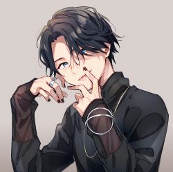 1boy aam09212 black_nails black_shirt blue_eyes bracelet goth_fashion highres jewelry kagero_(kamen_rider_revice) kamen_rider kamen_rider_revice looking_at_viewer male_focus multiple_rings nail_polish necklace ring shirt short_hair upper_body