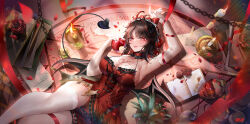 1girl absurdres apple arm_up armpits black_hair book breasts broken_horn chain chest_tattoo choker cleavage commentary_request demon_girl demon_horns demon_tail dress elbow_gloves feet_out_of_frame flower food food_bite frilled_choker frilled_dress frills fruit gloves highres holding holding_food holding_fruit horns looking_at_viewer lucia:_plume_(vermillion_bargain)_(pgr) lucia_(pgr) magic_circle medium_hair multicolored_hair official_alternate_costume open_book plant potted_plant punishing:_gray_raven red_dress red_eyes red_flower red_hair red_headdress red_horns red_ribbon red_rose red_theme ribbon rose sleeveless sleeveless_dress smll233 solo streaked_hair tail tattoo thighhighs variant_set white_gloves white_thighhighs