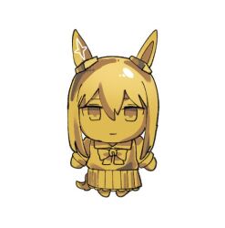1girl admire_vega_(umamusume) animal_ears character_doll closed_mouth commentary_request doll full_body gold golden_week horse_ears horse_girl horse_tail long_hair looking_at_viewer nazono77 school_uniform solo tail tracen_school_uniform umamusume
