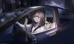 1girl absurdres arknights black_eyes black_hair black_hairband bright_pupils car closed_mouth commentary commission driving english_commentary hairband highres jewelry long_sleeves looking_at_viewer medium_hair motor_vehicle pixiv_commission priestess_(arknights) ring satismemory1223 seatbelt shirt sitting smile solo white_pupils white_shirt