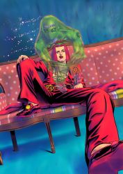 1boy breasts couch dutch_angle foreshortening hat highres jojo_no_kimyou_na_bouken keiimajima02 large_breasts leone_abbacchio lipstick long_hair makeup male_focus moody_blues_(stand) red_eyes red_hair red_lips sitting solo spread_legs stand_(jojo) vento_aureo