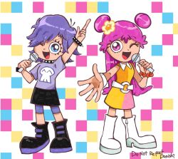 2girls ami_onuki arm_up artist_name bead_bracelet beads black_footwear blue_eyes boots bracelet checkered_background collar danishi double_bun dress eyes_visible_through_hair flower hair_bun hair_flower hair_ornament hair_over_one_eye hi_hi_puffy_amiyumi highres holding holding_microphone index_finger_raised jewelry long_hair medium_hair microphone multiple_girls one_eye_closed open_mouth pink_eyes pink_hair purple_hair signature smile spiked_bracelet spiked_collar spikes white_footwear wristband yellow_dress yumi_yoshimura