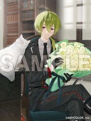 1boy :d ahoge alternate_costume ameno_(ameno_f) black_gloves black_necktie black_pants black_suit bookshelf bouquet cat collared_shirt commentary_request copyright_notice flower formal_clothes gloves green_hair grey_shirt grin holding holding_bouquet jacket looking_at_viewer male_focus medium_hair necktie nijisanji open_mouth pants pink_eyes sample_watermark shibuya_hajime shirt smile solo suit suit_jacket teeth virtual_youtuber watermark white_flower