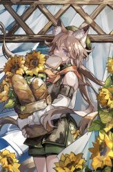 1girl absurdres animal_ear_fluff animal_ears arknights bag baguette bare_shoulders beret blue_eyes bread bread_slice brown_bag brown_hair cardigan_(arknights) cardigan_(sunny_day)_(arknights) chinese_commentary commentary_request curtains dog_ears dog_girl flower food food_in_mouth green_hat green_shorts hat highres holding holding_bag long_hair looking_at_viewer mido_(mido_chen) neckerchief orange_neckerchief outdoors ponytail shirt short_hair shorts solo sunflower white_shirt window