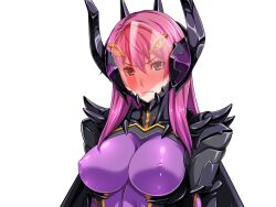 Rule 34 | 1girl, armor, assault visor, blue eyes, blush, bodysuit, breasts, covered erect nipples, dark reica, fake horns, frown, game cg, gentle sasaki, headgear, helmet, horned helmet, horns, large breasts, large variant set, long hair, looking at viewer, non-web source, official art, pink hair, purple bodysuit, shindou hatsune, skin tight, solo, soukou senki prism reica, transparent background, upper body, variant set