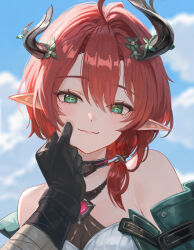 1girl armpit_crease bare_shoulders black_collar black_gloves blue_sky cheek_pull ciaccona_(wuthering_waves) closed_mouth collar commentary day ddcc0123 gloves green_eyes highres looking_at_viewer male_rover_(wuthering_waves) medium_hair mole mole_under_eye multiple_moles outdoors pointy_ears portrait pov pov_hands red_hair rover_(wuthering_waves) sky smile tree_horns wuthering_waves yellow_pupils