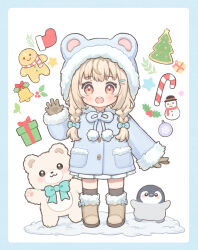 1girl animal_hood bear bear_hood bell bird black_socks blonde_hair blue_border blue_bow blue_coat blush border bow braid brown_gloves buttons candy candy_cane christmas_stocking coat commentary food full_body fur-trimmed_hood fur-trimmed_sleeves fur_trim gift gloves hair_bow hair_ornament hairclip hand_up highres hood hood_up hooded_coat hue_oo long_sleeves looking_at_viewer open_mouth original penguin pocket red_eyes simple_background socks solo standing star_(symbol) symbol-only_commentary teeth twin_braids upper_teeth_only waving white_background