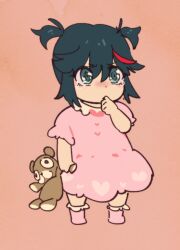 ._. 1girl aged_down baby blush dress female_focus gyosone holding kill_la_kill matoi_ryuuko multicolored_hair pink_dress red_hair short_twintails socks solo stuffed_animal stuffed_toy tears teddy_bear thumb_sucking toddler twintails two-tone_hair