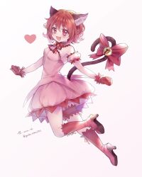 +1_(yakusoku0722) animal_ear_fluff animal_ears bare_shoulders blush boots bow breasts cat_ears cat_girl cat_tail dress gloves hair_between_eyes heart highres jingle_bell_tail medium_breasts mew_ichigo momomiya_ichigo open_mouth pink_dress red_boots red_bow red_gloves red_hair simple_background smile solo strapless strapless_dress tail tokyo_mew_mew tokyo_mew_mew_new white_background