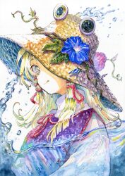 1girl blonde_hair blue_eyes flower hair_ribbon hat hat_flower hat_over_one_eye highres looking_at_viewer medinki moriya_suwako purple_vest ribbon shirt solo splashing tongue tongue_out touhou traditional_media vest water white_shirt