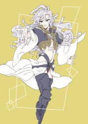 black_boots boots capelet codpiece dynamic_pose final_fantasy final_fantasy_ix flat_color grey_eyes highres kuja light_smile long_hair looking_at_viewer midriff purple_capelet reaching reaching_towards_viewer sash trap white_hair white_sash white_sleeves yellow_background yoshidaaaan