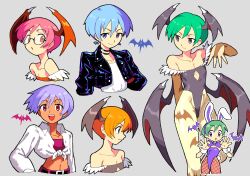 Rule 34 | 1girl, alternate color, alternate costume, alternate eye color, alternate hair color, bare shoulders, black jacket, blue eyes, blue hair, blue pantyhose, chibi, cowboy shot, cropped jacket, cutout above navel, dark-skinned female, dark skin, darkstalkers, demon girl, demon wings, flat chest, glasses, green hair, grey background, head wings, highres, jacket, leotard, lilith (darkstalkers), looking at viewer, low wings, multiple views, no legwear, orange hair, pantyhose, pink hair, playboy bunny, purple eyes, purple hair, red eyes, red leotard, shirt, short hair, simple background, spdcooler, tied shirt, white shirt, wings