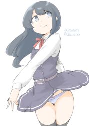 Rule 34 | 1girl, akara kai, asashio (kancolle), asashio kai ni (kancolle), belt, black hair, black thighhighs, blue eyes, blue panties, blush, dress, highres, kantai collection, long hair, long sleeves, looking at viewer, neck ribbon, panties, pinafore dress, red ribbon, ribbon, school uniform, shirt, simple background, sleeveless, sleeveless dress, smile, thighhighs, underwear, white shirt