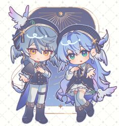 1boy 1girl aqua_eyes beret bird black_cape black_dress black_footwear black_hat black_jacket blue_hair boots braid brother_and_sister cape cloud0053 dove dress frilled_dress frills full_body hat head_wings highres honkai:_star_rail honkai_(series) jacket long_hair long_sleeves looking_at_viewer open_mouth pantyhose robin_(honkai:_star_rail) siblings side_braid sidelocks smile sunday_(honkai:_star_rail) thighhighs very_long_hair white_pantyhose white_thighhighs wings