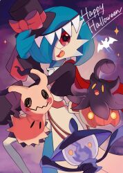 alternate_color bat_(animal) black_headwear blue_hair bow cloud colored_skin commentary_request fang fangs fire gardevoir gen_3_pokemon gen_5_pokemon gen_6_pokemon gen_7_pokemon halloween happy_halloween hat highres lampent mimikyu nintendo open_mouth pokemon pokemon_(creature) pumpkaboo purple_fire purple_sky red_bow red_eyes rongai28 shiny_pokemon sky solid_oval_eyes sparkle tail top_hat wavy_mouth white_skin yellow_eyes