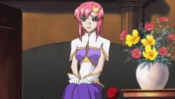 00s 1girl animated animated_gif breasts closed_eyes covered_navel female_focus flower gloves gundam gundam_seed gundam_seed_destiny hair_ornament highleg highleg_leotard hirai_hisashi large_breasts leotard long_hair lying meer_campbell on_side pink_hair purple_eyes shiny_clothes sitting skirt solo star_(symbol) star_hair_ornament vase