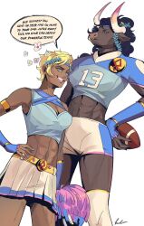 abs american_football_(object) aqua_nails asterius_(hades) ball blue_eyes breasts brush_(brush2h) cheerleader cleavage dark-skinned_female dark_skin english_text fingernails furry furry_female genderswap genderswap_(mtf) hades_(series) hades_1 highres horns laurel_crown lips medium_breasts midriff miniskirt minotaur muscular muscular_female nose_piercing nose_ring piercing pom_pom_(cheerleading) shirt short_hair shorts simple_background skirt speech_bubble theseus_(hades) thighhighs very_short_hair white_shirt