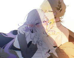 2girls aglaea_(honkai:_star_rail) bare_shoulders blonde_hair blush braid breasts castorice_(honkai:_star_rail) cleavage dress earrings gloves green_eyes hand_on_another&#039;s_shoulder honkai:_star_rail honkai_(series) jewelry large_breasts laurel_crown multiple_girls necklace pointy_ears purple_eyes purple_hair purple_nails sieka_(piiroinardesco) simple_background smile watermark white_background white_dress white_gloves yuri