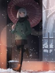 1girl alternate_costume amino_(tn7135) bad_id bad_pixiv_id black_pantyhose black_skirt boots breath buttons coat contemporary double-breasted female_focus full_body green_jacket hairband hand_in_pocket hitodama jacket konpaku_youmu konpaku_youmu_(ghost) lace-up_boots long_sleeves looking_to_the_side miniskirt oil-paper_umbrella pantyhose parted_lips peacoat scarf short_hair silver_hair skirt snow snowing solo touhou umbrella