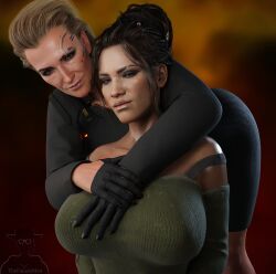 2girls 3d artist_logo artist_name black_gloves black_hair black_jacket black_skirt blender_(medium) blonde_hair breasts cyberpunk_(series) cyberpunk_2077 dark-skinned_female dark_skin detached_sleeves gloves green_eyes green_sleeves green_sweater highres huge_breasts jacket logo looking_at_viewer meredith_stout multiple_girls panam_palmer skirt sweater theduudemanguy
