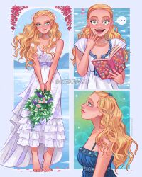 Rule 34 | ..., 1girl, artist name, barefoot, blonde hair, blue dress, book, dress, green eyes, highres, holding, holding book, long hair, luztapiaart, mamma mia! (movie), multiple views, open book, open mouth, sleeveless, sleeveless dress, sophie sheridan, speech bubble, teeth, upper teeth only, watermark, white dress