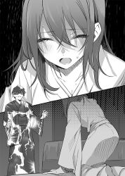 1boy 1girl blush closed_eyes commentary_request facing_viewer greyscale hair_between_eyes indoors japanese_clothes kimono kneeling kohinata_iroha_(imouuzai) medium_hair monochrome novel_illustration official_art ooboshi_akiteru open_mouth second-party_source shaded_face short_hair standing sweat tears tomari_(veryberry00) tomodachi_no_imouto_ga_ore_ni_dake_uzai wide_sleeves
