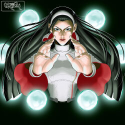 1girl arms_up black_eyes black_hair breasts buttons dress fayer_san female_focus glowing hairband kagura_chizuru large_breasts long_hair looking_at_viewer magic magical_girl pale_skin shiny_clothes shiny_skin standing the_king_of_fighters