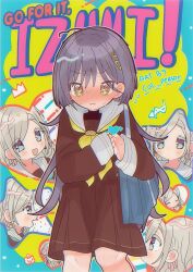 2girls :d aqua_neckerchief arrow_through_heart artist_name blue_eyes blush brown_dress ceras_yanagida_lilienfeld col_person collarbone colored_eyelashes cover cover_page dress edel_note embarrassed expressionless feet_out_of_frame flying_sweatdrops ganbare!_nakamura-kun!! grey_hair hair_ornament hair_ribbon hasu_no_sora_school_uniform highres katsuragi_izumi link!_like!_love_live! long_hair long_sleeves loose_hair_strand love_live! manga_cover medium_dress multiple_girls multiple_views neckerchief nervous_sweating nose_blush open_mouth parody parted_lips pink_ribbon pleated_dress profile ribbon sailor_collar sailor_dress school_uniform smile standing star_(symbol) sweat triangle_hair_ornament v-shaped_eyebrows virtual_youtuber white_sailor_collar winter_uniform wolf_cut yellow_eyes yellow_neckerchief yuri